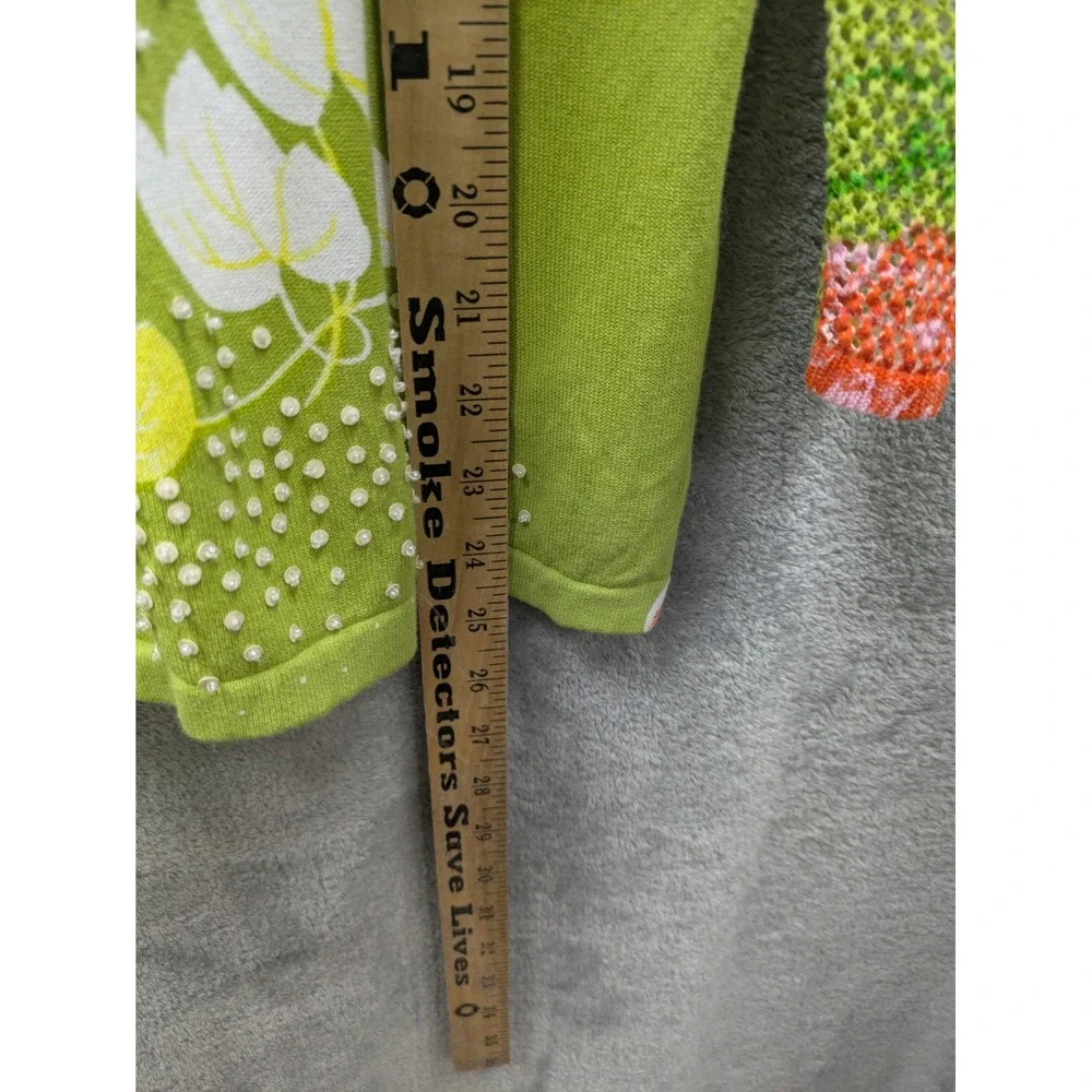 Floral Sweater Womens Medium Knit‎ Mesh Sleeve Beaded Grannycore Cottagecore